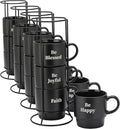 Signature Housewares Be Happy Stackable Stoneware Coffee Mug Set with Metal Rack - 15 Ounce Coffee Mugs for Coffee, Tea, Hot Chocolate, Milk, Set of 4, Matte Black (Pack of 4)