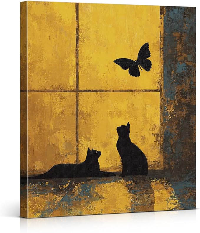 Vintage Black Cat Gold Wall Art Decor Cats and Butterfly Print Picture Cat Lover Gifts Wall Decor for Home Living Room Bedroom 8x10 Inch Canvas Framed