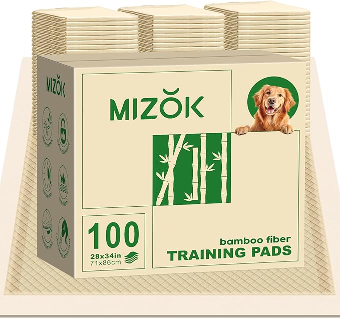 MIZOK 100 Counts Dog Pee Pads Extra Large 28"x34", Bamboo Puppy Pads Super Absorbent & Leak-Proof, 4-Corner Adhesive Tabs, Wee Wee Pads for Dogs Superior Odor Protection, XL
