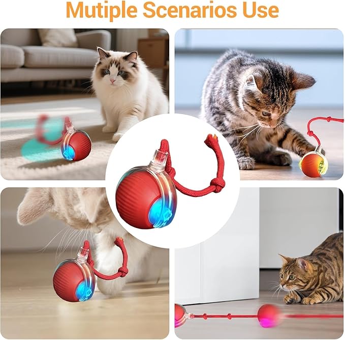 Interactive Cat Toys for Indoor Cats, USB Rechargeable Self-Moving Ball with Tail, Automatic Rolling Ball with 3 Modes, Touch Activated,