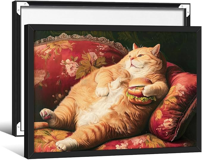 Victorian Renaissance Canvas Poster Funny Fat Cat With Hamburger Wall Art Lying In Sofa Cute Cat Painting Wall Decor 12x16 inch Black Framed for Animal Lover Gift