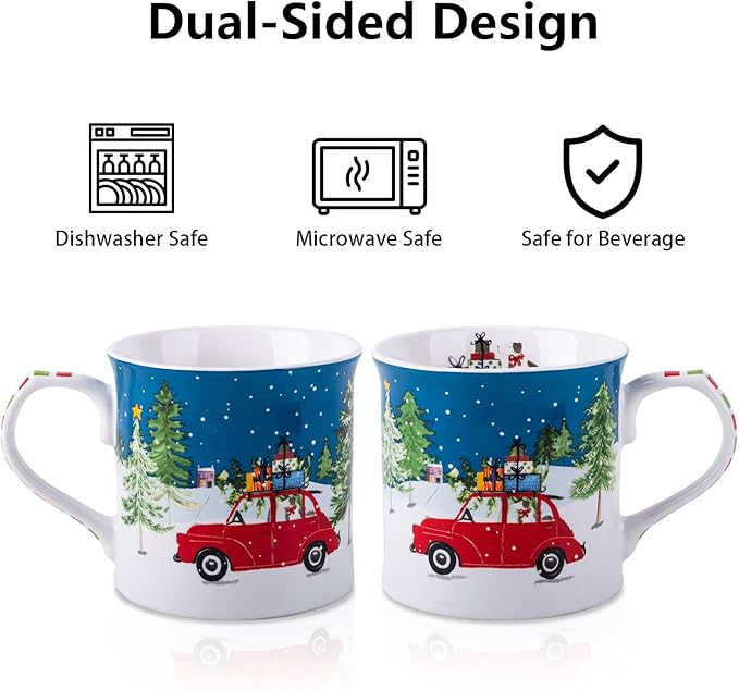 12 oz Christmas Car Coffee Mug, Festive New Bone China Mug with A Red Beetle in Snowy Winter Scene, Holiday Gift for Car Lovers, Kids & Family, Designed in England by Harvest Green Studio