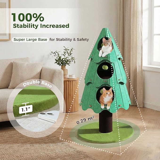 MUTTROS 53 Inch Christmas Cat Tree for Indoor Cats, Cat Tower with 3 Condos & 4 Pompoms, Multi-Cat Furniture with Holiday Felt Stickers, Activity Center & Beds, Green