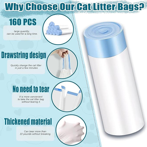160 Pack Cat Litter Bags, 25 x16 inch Heavy Duty Self-Cleaning Litter Box Liners, Compatible with Litter Box Robot 3 & 4,Extra Thick Waste Drawer Liners (10-12 Gallons)