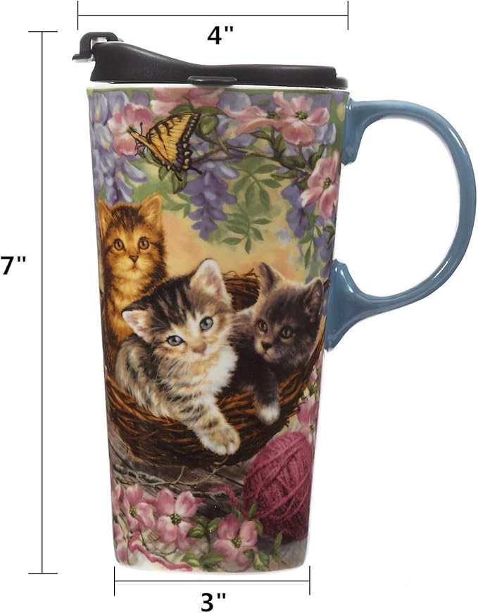 CEDAR HOME Travel Coffee Ceramic Mug Porcelain Latte Tea Cup With Lid 17oz. Flower and Cat
