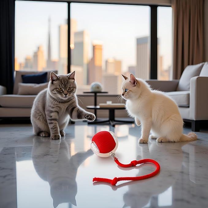 Interactive Dog Cat Toy Ball, Electric Automatic Rolling Moving USB Rechargeable Self Activated Stimulation Cat Toys for Indoor Cats and Dogs with Speedy Tail Rope(red).