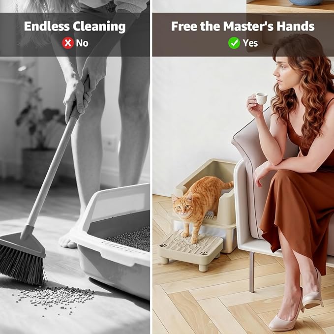 Cat Litter Box Step Ramp,Cat Litter Catcher Mat with ABS Material Base,Filter Function,Pedal Stool for Self-Cleaning Litter Box,Anti-Tracking & Non-Slip,Ideal for Kitten & Elderly Cats,Khaki