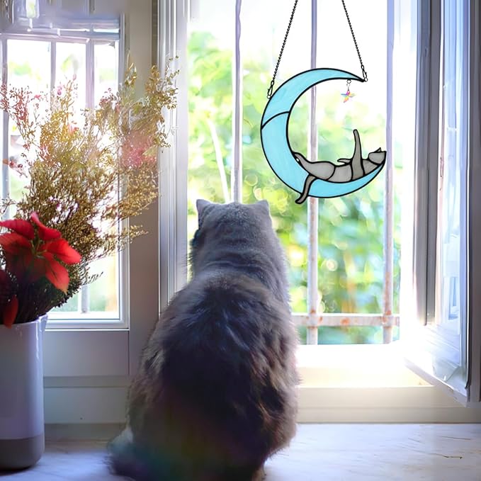 BOXCASA Handmade Gray Cat on Moon Stained Glass Suncatcher - Colorful Crystal Star & Window Hanging Decor for Cat Lovers, (Women, Mom, Grandma)