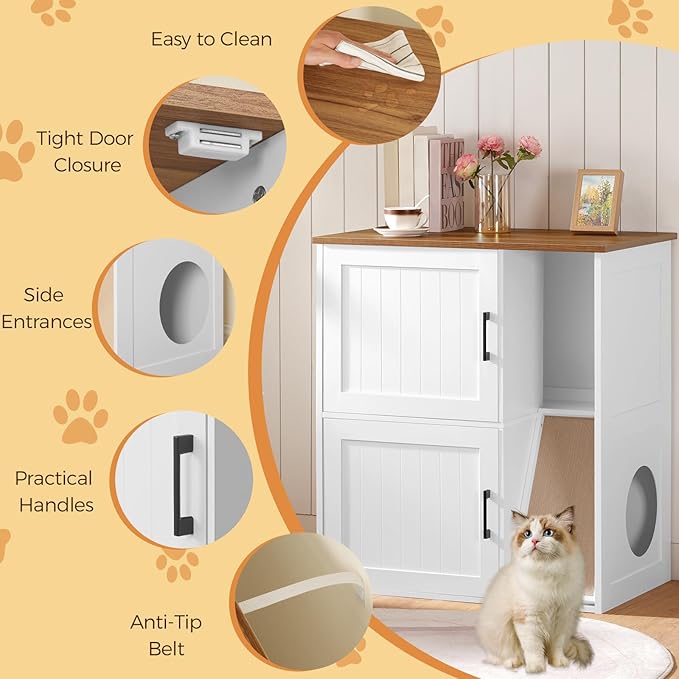Litter Box Enclosure for 2 Cats, Hidden Litter Box Furniture with Scratch Pad, Double Litter Boxes Enclosure, Wooden Cat Washroom, Indoor Cat House End Table, White and Walnut CWBZ3201