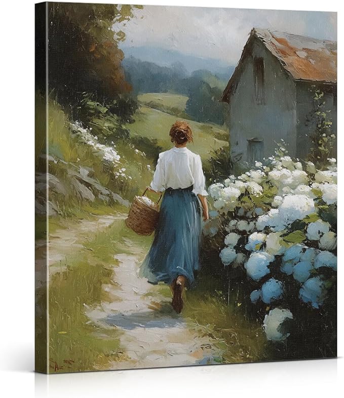 Vintage Country Woman Canvas Wall Art Rustic Floral Path Print Painting Cottagecore Wall Decor for Home Farmhouse Living Room 8x10 Inches Framed