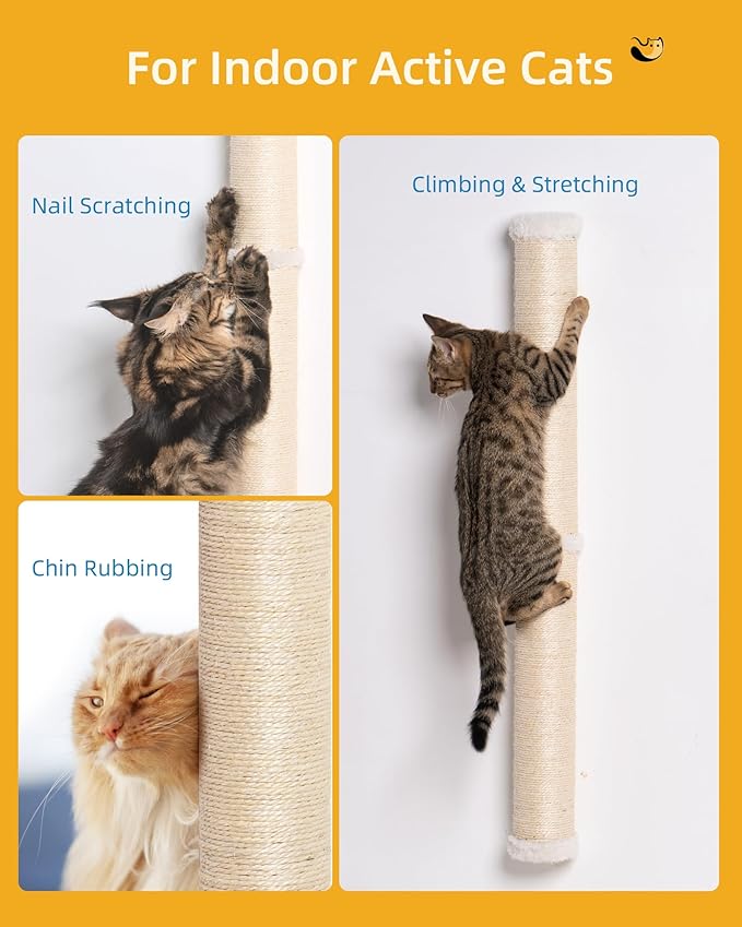 Aechonow 68" Cat Wall Scratcher, 2-Pcs of 34inch Tall Sisal Scratching Post, Wall Mounted Cat Pole for Indoor Large Adult Cats Climb Stretch Play