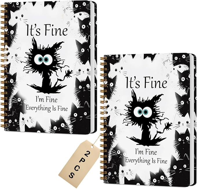2 Pcs Funny Cat Spiral Notebook, Cute Funny Gifts Journaling Notebooks for Work, College Ruled Notebook Journal Office Classroom Supplies Motivational Cat Themed Gifts for Women Coworkers