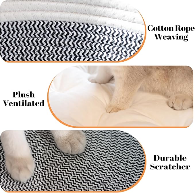 CHEERHOME PETS Cat Bed Basket with Cushion, Cotton Rope Woven Pet Bed for Indoor Cats Couch, Kitten Bed for Medium and Large Cat, All Season Universal (Grey)
