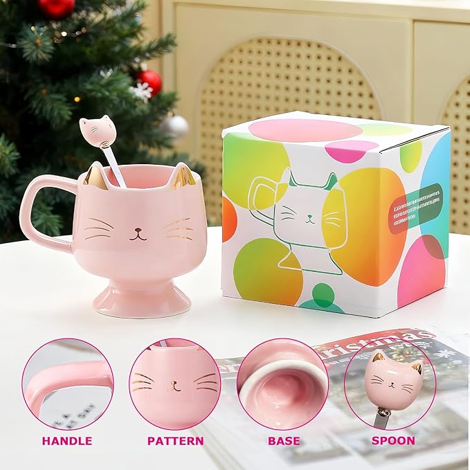 Christmas Mugs High-Footed Ceramic Cat Mug – 13.5oz Unique Coffee Cup with kitty Expression Design, Fun Gift for Women, Girls, Kids, Cat Lovers (pink)