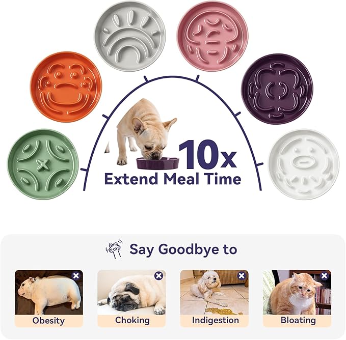 Ceramic Slow Feeder Dog Bowl - Feeding Dish for Fast Eaters - Maze Dog Bowl to Slow Down Eating - Ideal Food Control Dish for Small Breeds - 0.8 Cups (80g) - 6.3 Inch - Purple