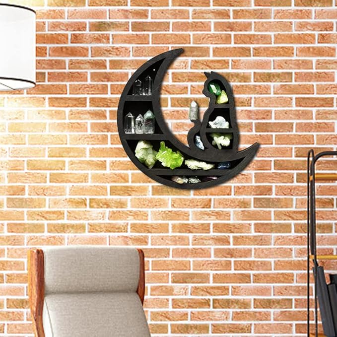 Cat on The Moon Wooden Shelf for Crystals, Moon Crystal Shelf Jewelry Holder, Floating Shelves Essential Oil Shelfes for Living Room, Dinning Room, Bed Room(Color:Black)