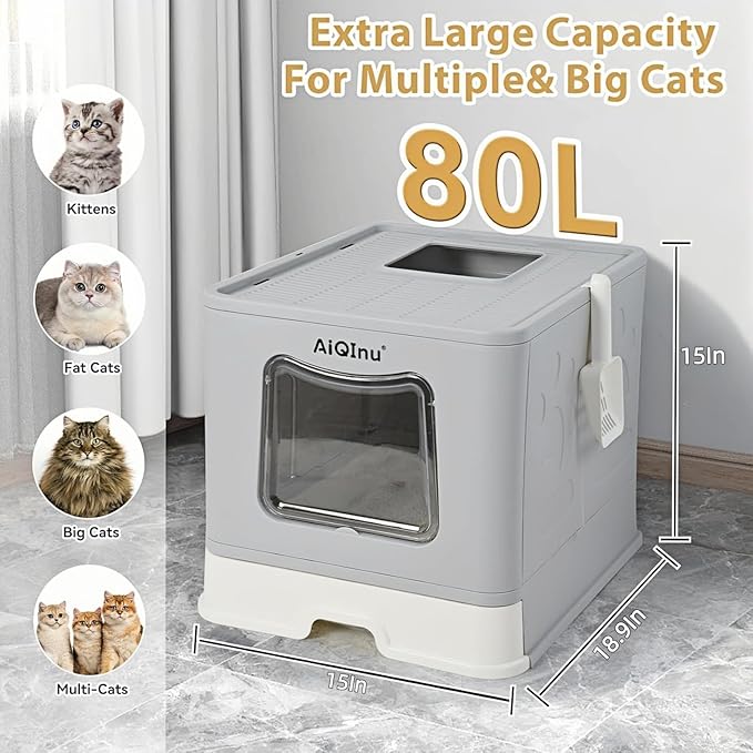 AiQInu Cat Litter Box wtih Lid and Scoop - Foldable Large Enclosed Litter Box with High Sided Enclosure, Front Entry Top Exit, Odor Control, Anti Leakage No Smell, Easy Cleaning Height 15 inches