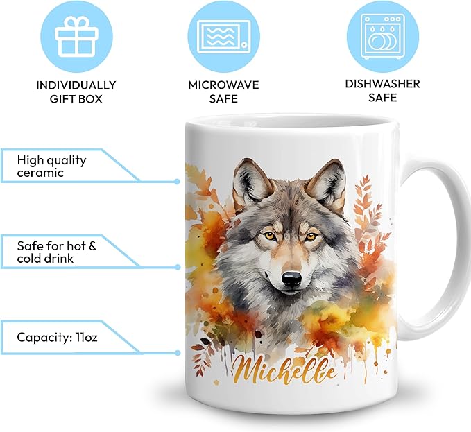 Hyturtle Personalized Fall Wolf Coffee Mug - Birthday Gifts For Wolf Lovers - Fall Autumn Decor Gifts For Farmhouse Thanksgiving - Custom Name 11oz White Ceramic Coffee Tea Mug