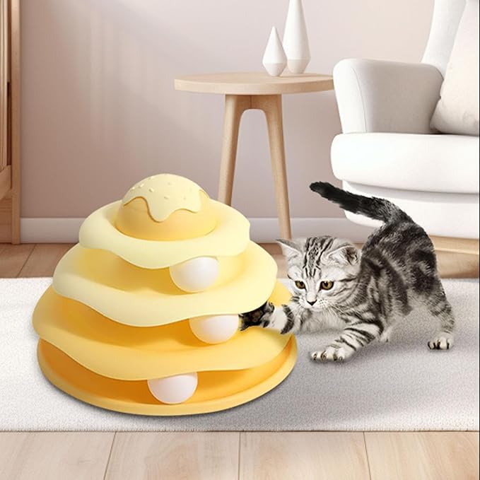 Cat Ball Track Toy, Cat Ball Tower, Multi-Level Design Cat Ball Track Toy, 3 in 1 Automatic Interactive Kitten Toy, Easy to Disassemble, Easy to Clean, Meet Your Cat's Exercise Needs (Yellow)