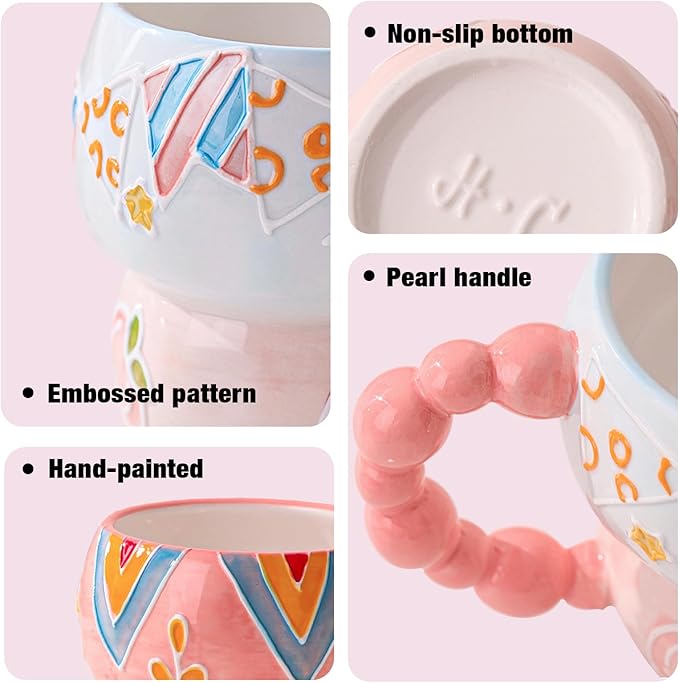 Ceramic Cartoon Coffee Mug,Aesthetic Hand-Painted Creative Ceramic Mug,Cute Mug, Aesthetic Coffee Mug, Ceramic Tea, 12oz/400ml for Tea Coffee, Milk and Oatm (Pink-Peach)