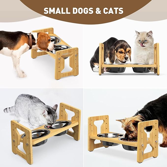 Adjustable Elevated Dog Bowls Raised Dog Bowl Natural Bamboo Stand with 2 Stainless Steel Food Bowls Non-Slip Feeder for Small Dogs and Cats (Natural)