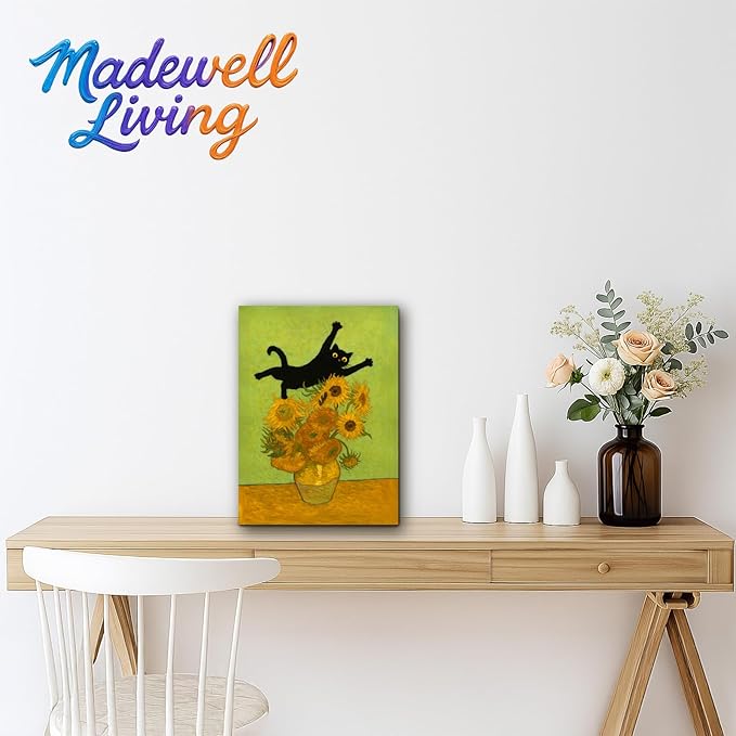 Madewell Living Van Gogh-Style Cat Art - Funny Black Cat in Sunflowers Print, Wall Art (8x10 inch) - Ready to Hang, Waterproof Living Room & Bedroom Decor