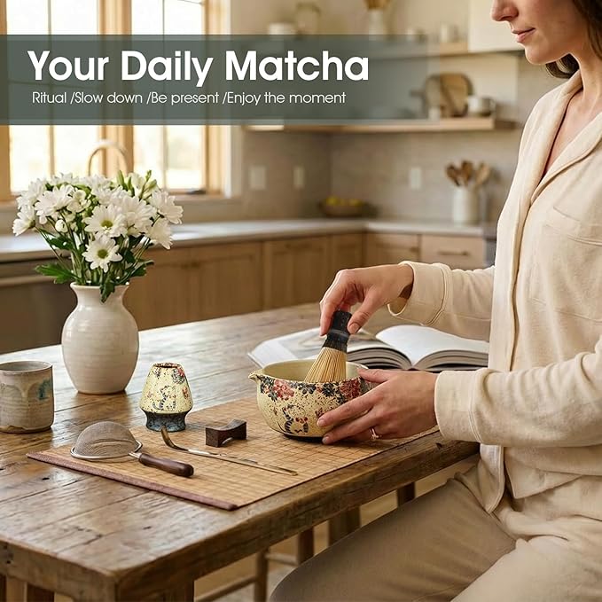 Matcha Whisk Set, 7-Piece Matcha Kit with Ceramic Bowl, Bamboo Whisk, Scoop, Sifter, Holder & Bamboo Mat – Premium Matcha Tea Set for Beginners & Matcha Lovers, Gift Ready
