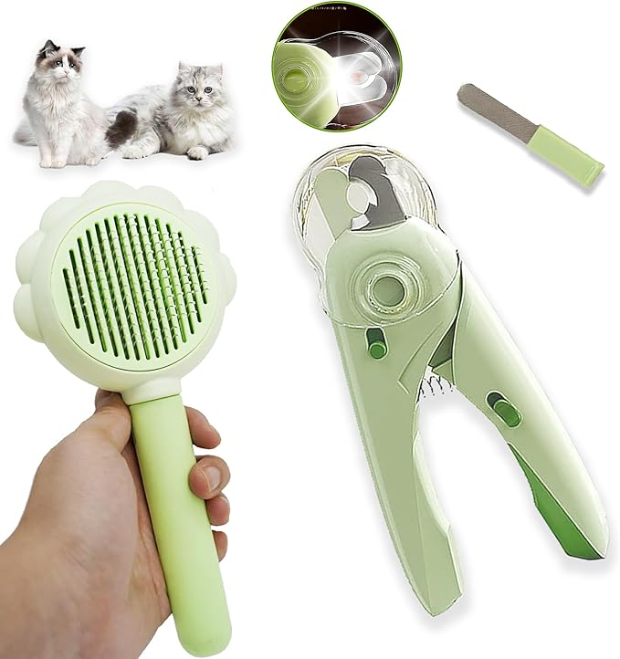 Self Cleaning Cat Brush for Shedding, LED Light Nail Clipper, Nail Clipper and Nail File, Slicker Brushes and Nail Trimmer for Long Haired Cats, Grooming Kit, Cat Lover Gifts
