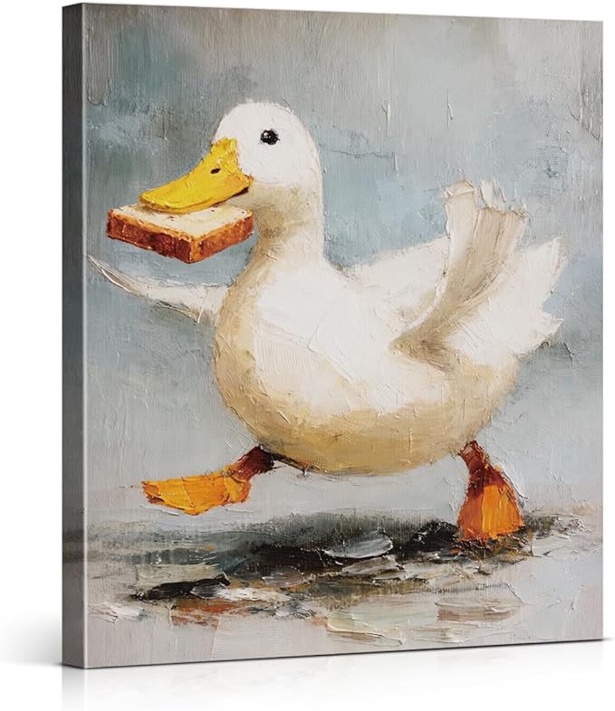 Vintage Funny Duck Wall Art Decor Cute Duck with Bread Print Picture Cottagecore Wall Decor for Home Farmhouse Living Room 8x10 Inch Canvas Framed