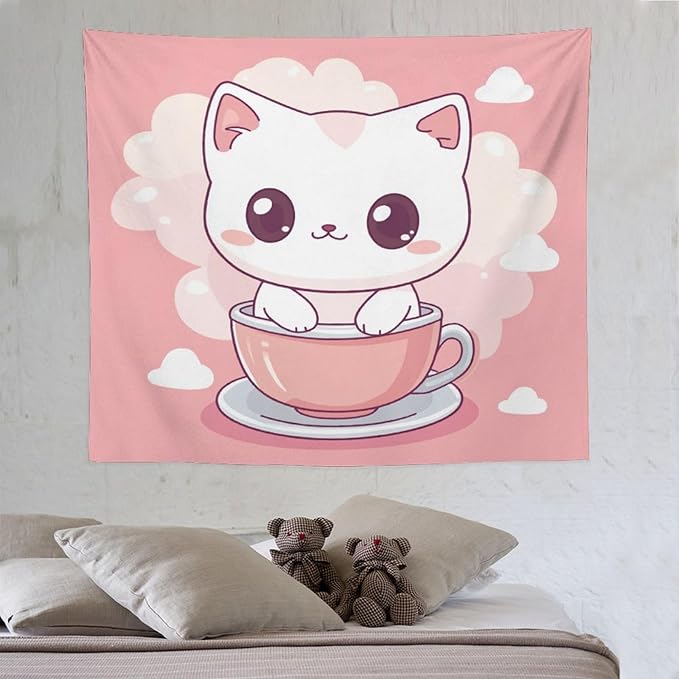 MaSiledy Tapestry As Wall Art Kawaii Cat Tapestry Cute Kitten Cat Meow Wall Hanging Wall Tapestry Aesthetic for Bedroom Colorful Wall Hanging Aesthetic Wall Art For Room Decor 50"x60"