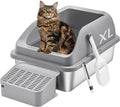 Feandrea Stainless Steel Cat Litter Box with Open Top, High Sided Litter Tray with Step, Scoop, Brush, for Cats up to 33 lb, Slate Gray UPPT008GN01