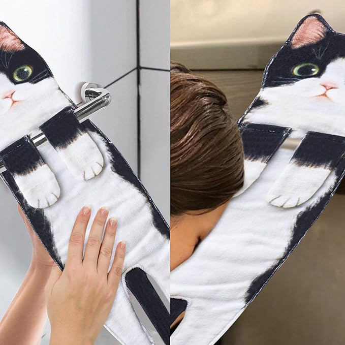 Funny Hand Towels for Bathroom Kitchen Decor - Cute Cat Hanging Hand Towel Kitchen Gadgets - Unique Housewarming Birthday Christmas Cat Lover Gift Ideas for Women Mom Lady Adults