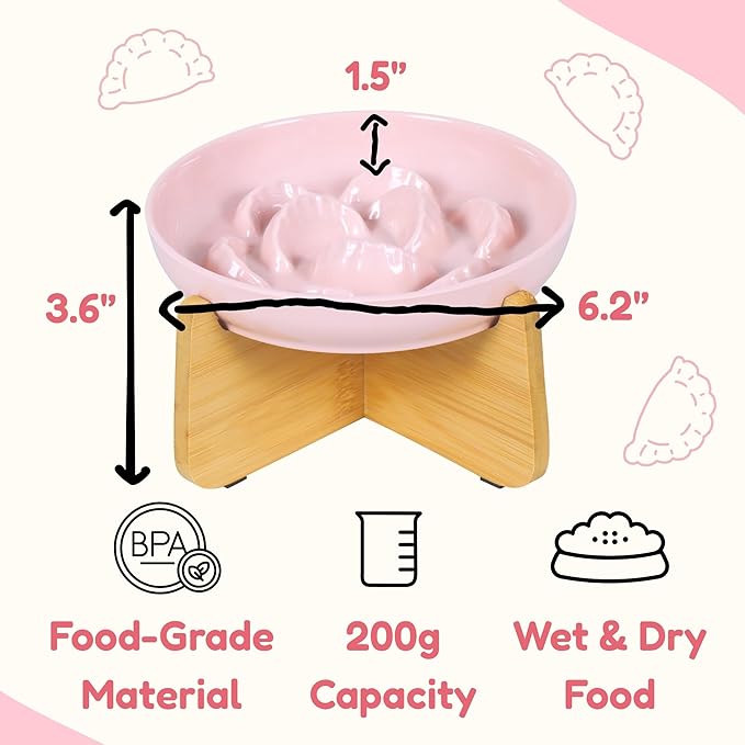 Slow Feeder Cat Bowl with Stand - Unbreakable Elevated Slow Feeder Bowl for Cats - Melamine Puzzle Raised Cat Food Bowl - Whisker Friendly & Wet & Dry Food- Dishwasher Safe & Non Slip (Pink