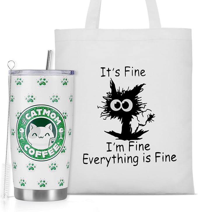 Cat Mom Gifts, Cat Lover Gifts for Women, 20 OZ Tumbler & Canvas Tote Bag - Funny Crazy Lady Birthday, Mothers Day, Cat Themed Gifts for Wife, Women Friend, Sister, Grandma