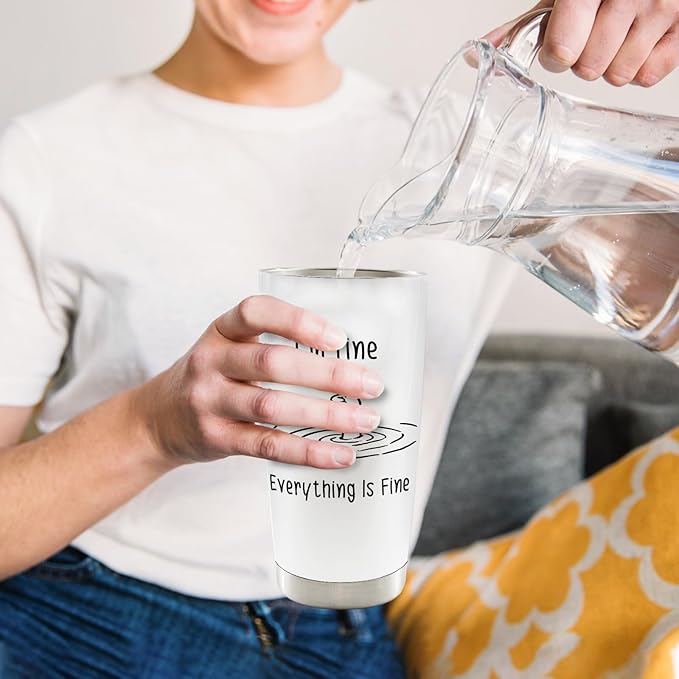 Funny 20oz Travel Coffee Mug Tumbler, I'm Fine Everything Is Fine Funny Humorous Stainless Steel Tumbler with Lid and Straw