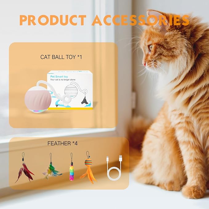 Interactive Cat Toys Ball - Electric Automatic Toys for Indoor cats, LED Lights and Toys Feather Tail with Sound Activated and Touch, USB Rechargeable, 2peeds Mode for Bored Kittens/Adult Cats/Ferret