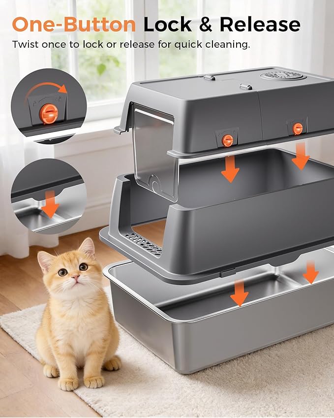 GTPLAYER XXL Stainless Steel Cat Litter Box with Lid, High Sided Enclosed Cat Litter Box, Activated Carbon Odor Control, Extra Large Metal Litter Box, Anti-Leak, with Mat & Scoop, Pinky Paws