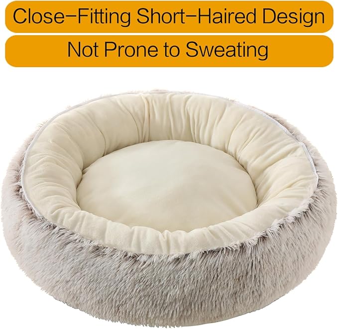 Calming Donut Dog Bed Cat Bed, Fluffy Long Fur Outer & Short Fur Inner, Sweat-Free Cozy Cuddler, Non-Slip Bottom,for Small Medium Dogs Cats Puppy Kitten (Donut Bed - Coffee Color, Medium 19.7 Inches)