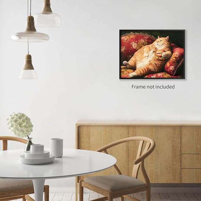 OMANI Victorian Renaissance Canvas Poster Funny Fat Cat With Hamburger Wall Art Lying In Sofa Cute Cat Painting Wall Decor for Animal Lover Gift 12x16 inch Unframed