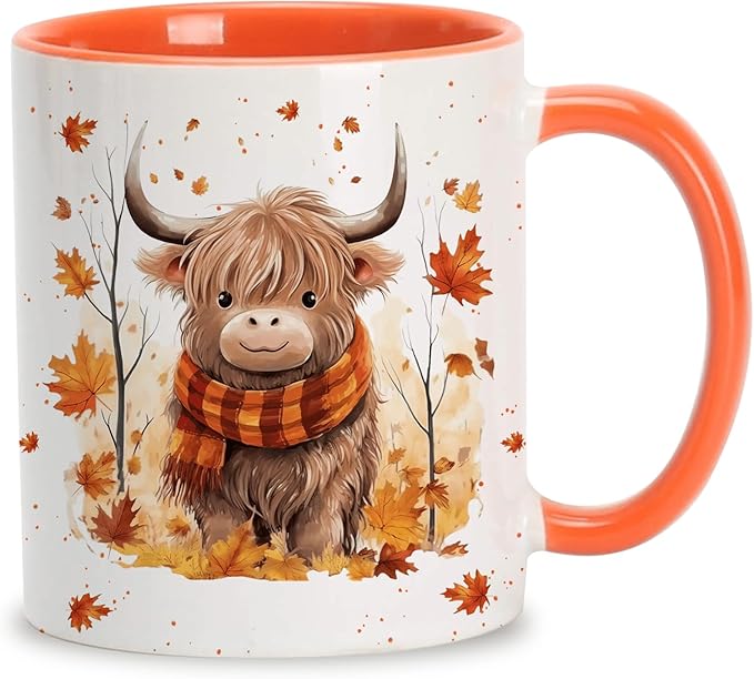 Hyturtle Fall Highland Cow Maple Leaves Coffee Mug - Birthday Gifts For Cow Lovers - Fall Autumn Decor Gifts For Farmhouse Thanksgiving - Highland Cows Gift - 11oz White Ceramic Coffee Tea Mug