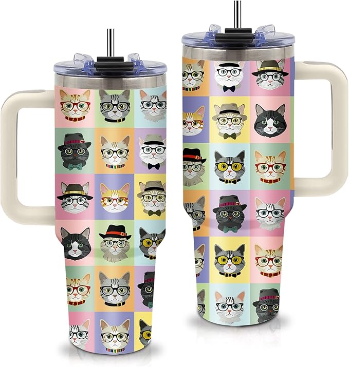 Cat Lover Gifts - Funny Cat Tumbler 40oz with Handle and Straws, Leak-proof, Stainless Steel Insulated Travel Coffee Mugs for Cats Themed Cups, Animal Cats Lovers Pet Mom Birthday Gifts