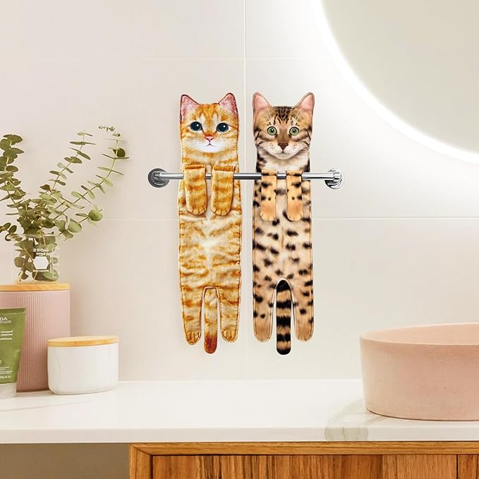Funny Hand Towels for Bathroom Kitchen Decor - Cute Cat Hanging Hand Towel Kitchen Gadgets - Unique Housewarming Birthday Christmas Cat Lover Gift Ideas for Women Mom Lady Adults