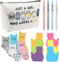 Fullhawl 16 Pcs Cat Lover Gifts, 1 Cat Makeup Bags, 5 Women's Animal Socks, 4 Black Ink Pens, 180-piece Sticky Notes, Cute Funny Christmas Birthday Gift for Pet Enthusiasts Xmas Party Supplies