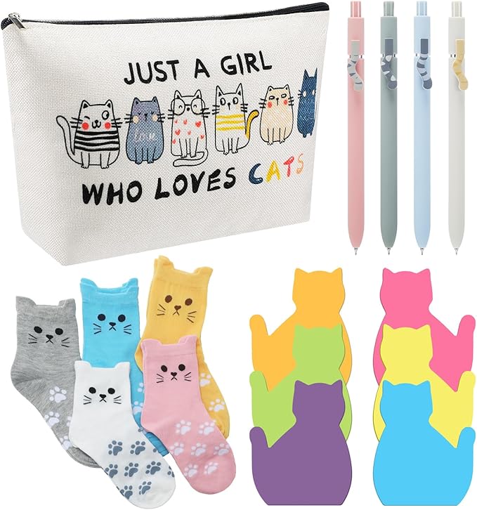 Fullhawl 16 Pcs Cat Lover Gifts, 1 Cat Makeup Bags, 5 Women's Animal Socks, 4 Black Ink Pens, 180-piece Sticky Notes, Cute Funny Christmas Birthday Gift for Pet Enthusiasts Xmas Party Supplies