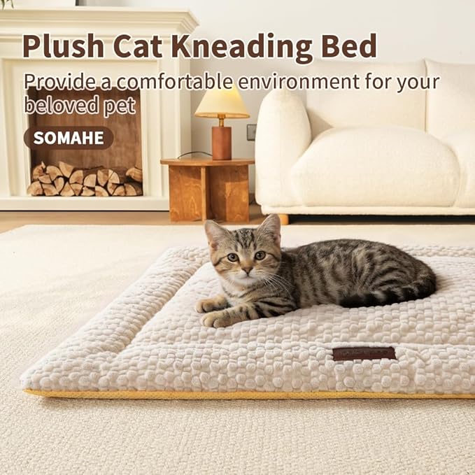 SOMAHE Plush Cat Kneading Bed Mat, Premium Plush Fabric Bed with Non-Slip Bottom, 3cm Thick All-Season Cushion for Cats Who Knead, Machine Washable Anti-Static Pet Bed, 23x15 Inch, Milk