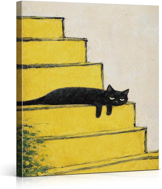 Vintage Black Cat Wall Art Decor Cute Kitten on Stairs Print Picture Cat Lover Gifts Wall Decor for Home Living Room 8x10 Inch Canvas Framed