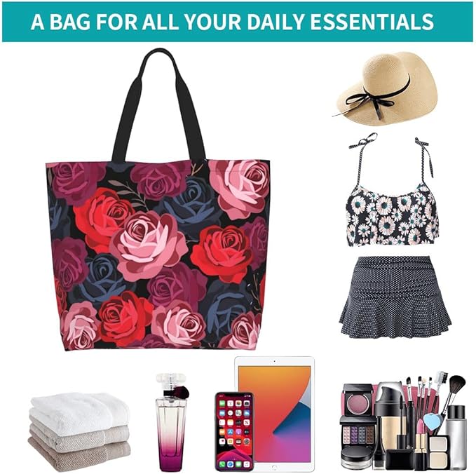 Rose Print Gym Tote Bags for Women, Cute Rose Print Purse, Reusable Shopping Handbags, Casual Travel Work Daily Waterproof Summer Grocery Bag Holiday Gifts -Large