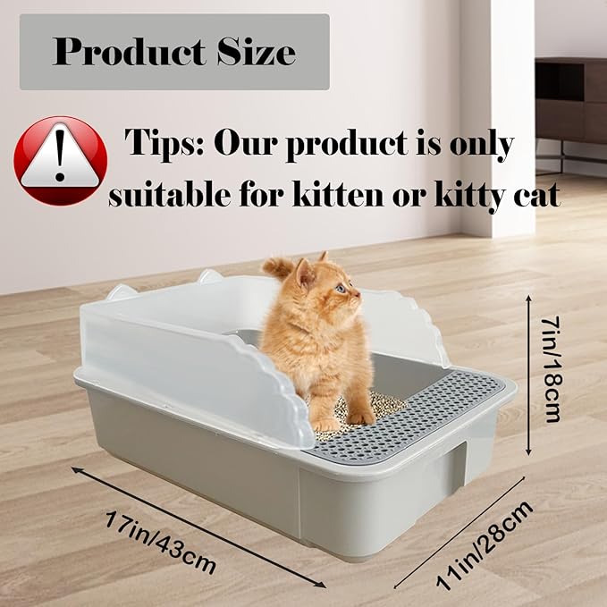 kathson Open Cat Litter Box with High Side,Anti-Splashing Cats Litter Pan,Kitten Toilet with Litter Sifting Scoop,Semi-Enclosed Removable Kittens Litter for Boxes Easy to Clean No Odor-Grey