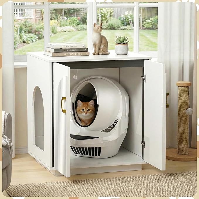 Large Cat Litter Box Enclosure for Self Cleaning Litter Box, 34.84" Tall Litter Boxes Furniture w/Outlets, Modern Cat House, Hidden Cat Litter Furniture for Living Room White