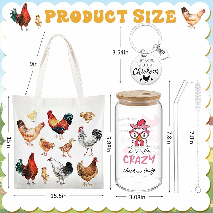 Paterr 4 Pcs Chicken Lover Gifts for Women, Funny Chicken Lady Gifts for Mother's Day Birthday Decorations, with Canvas Tote Bag 16oz Glass Coffee Cup with Straw Socks Cute Keychain